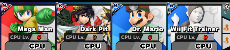 The character select screen, showing Spriteman and Light Pit on the red team, Barry and Susan on the blue team.